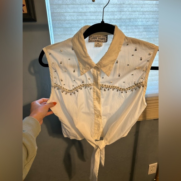 Tops - White Embellished Tie-Front Collar Top